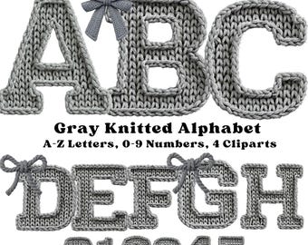 Grijs gebreide alfabet clipart, gezellige garenletters A-Z en cijfers 0-9, gehaakt lettertype PNG, grof gebreide letters, nepgaren png, digitale download