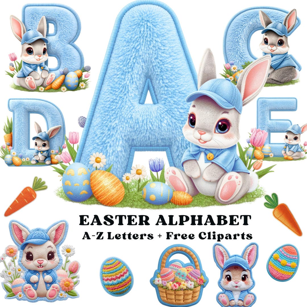 Easter Alphabet PNG A–Z, Faux Chenille Bunny Letters for Boys, Blue ...