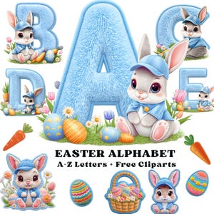 Pode incluir: Ilustração digital de um alfabeto de Páscoa com as letras A, B, C, D e E em azul claro, com uma textura fofa. A imagem inclui clip art com tema de Páscoa, como coelhos, cenouras e ovos decorados. O texto "EASTER ALPHABET A-Z Letters + Free Cliparts" também está presente.
