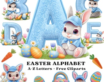 Pasen-alfabet PNG A–Z, faux chenille-haasletters voor jongens, blauwe paasalfabet clipart, kinder Pasen png voor sublimatie