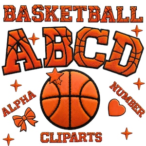 Puede incluir: Conjunto de cliparts con temática de baloncesto que presenta letras naranjas, una pelota de baloncesto, estrellas, un lazo y las palabras "Basketball", "Alpha", "Number" y "Cliparts". Se incluyen las letras A, B, C y D. El diseño tiene un aspecto deportivo texturizado.
