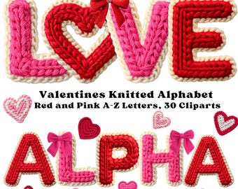 Valentines Knitted Alphabet PNG, Crochet Yarn Letters A-Z, Red Pink Alphabet Clipart, Love Letter PNG, Cute Valentine Font Clipart