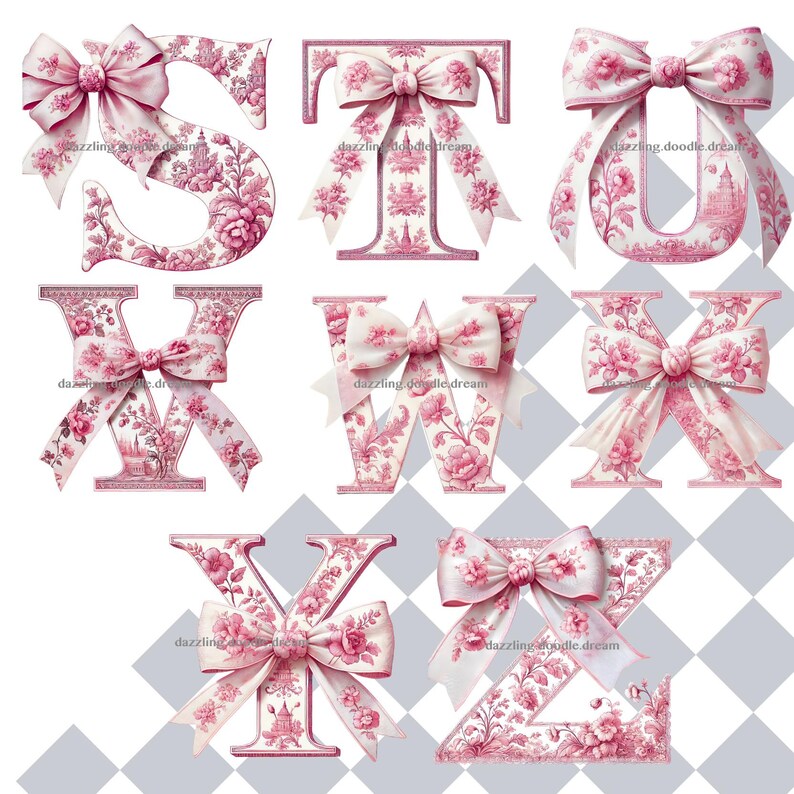 May include: Pink floral letters with a pink bow on each letter. The letters are S, T, U, W, X, Y, and Z.