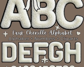 White Faux Chenille Letter, Alphabet PNG Bundle, Chenille Embroidery Style Letters and Numbers for Sublimation Crafts and Designs