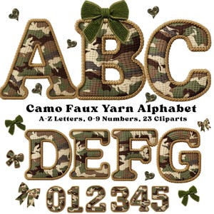 Camo-alfabet imitatiegaren, grof gebreide militaire letters A-Z 0-9, camouflage-clipart van imitatiegaren, leger- en buitenambachten, camouflageshirtontwerpen