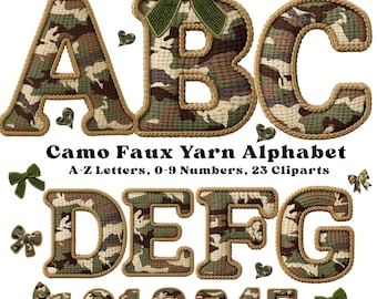 Camo Faux Yarn Alphabet PNG, Chunky Knit Military Letters A-Z 0-9, Faux Yarn Camouflage Clipart, Army and Outdoor Crafts, Camo Shirt Designs