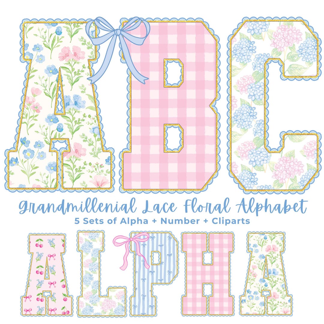 Grandmillennial PNG Alphabet Bundle, Floral Lace Alphabet, Preppy ...