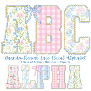 Puede incluir: Un conjunto de letras del alfabeto decorativas con diseños florales y de cuadros. Las letras tienen contornos dorados y bordes festoneados. La imagen incluye el texto "Grandmillenial Lace Floral Alphabet" y "5 Sets of Alpha + Number + Cliparts".