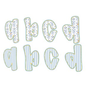 May include: Eight decorative letters, 'a', 'b', 'c', and 'd', are displayed twice. The top row features letters with a white background and a blue floral pattern. The bottom row has blue and white striped letters, all outlined in gold.