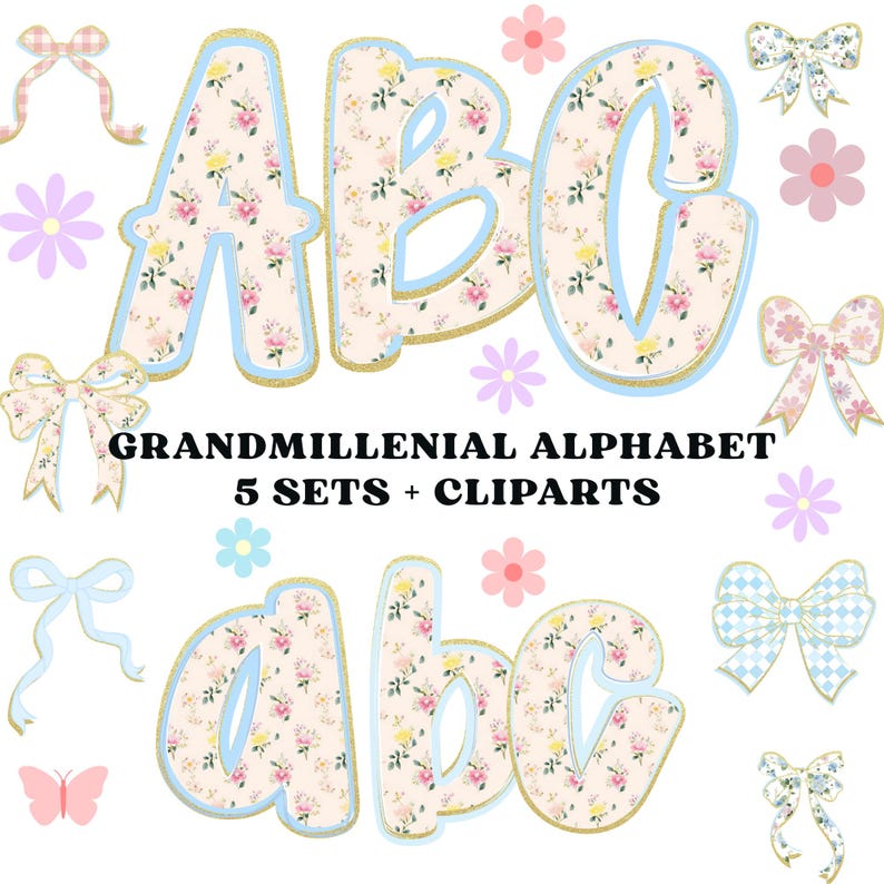 Grandmillennial Floral Alphabet PNG Bundle: Hand-lettered Clipart - Etsy