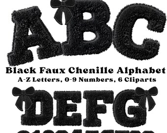 Schwarzes Faux-Chenille-Alphabet PNG, Varsity-Patch Buchstaben A - Z, Zahlen 0-9, Chenille-Buchstabe Clipart, Sublimationsalphabet, T-Shirt-Design