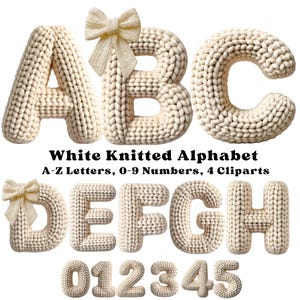 May include: A set of white knitted alphabet letters, numbers, and bows. The letters A, B, C, D, E, F, G, and H are shown, alongside the numbers 0, 1, 2, 3, 4, and 5. The words "White Knitted Alphabet" are also visible in the image.