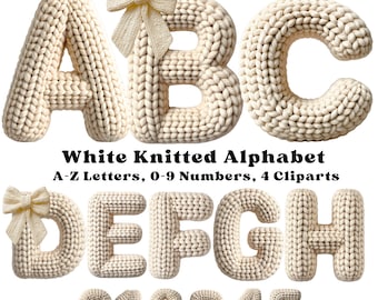Alfabeto tejido blanco, letras de la A a la Z y números del 0 al 9, fuente de ganchillo PNG, letras de punto grueso, hilo sintético PNG, descarga digital
