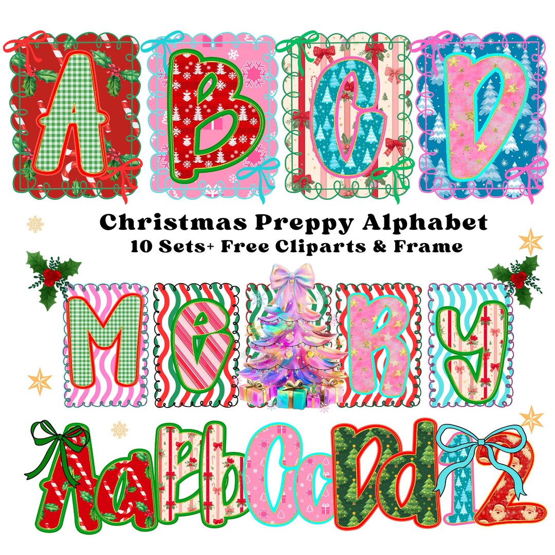 Christmas Preppy Alphabet PNG Bundle, Xmas Doodle, Xmas Alphabet ...