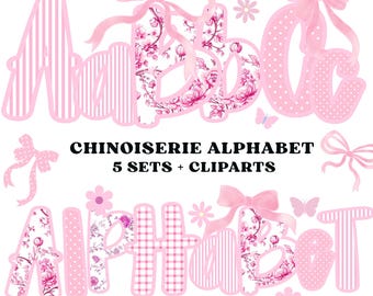 Floral Letters, Pink Chinoiserie, Grandmillenial Png, Doodle Alphabet, Pink Floral Png, Hand Drawn Letters, Pastel Alphabet, Toile De Jouy