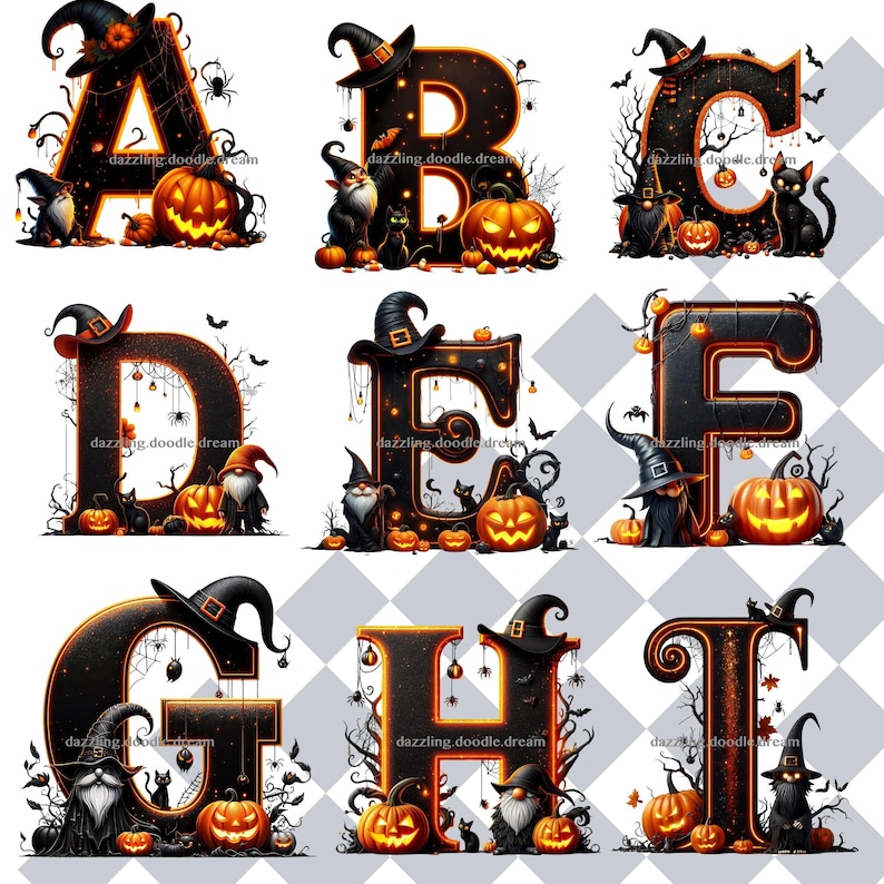 Op de afbeelding: Een verzameling Halloween-thema alfabetletters, elk met een zwarte letter en een oranje omtrek. Elke letter is versierd met pompoenen, heksenhoeden, spinnen en kabouters. De tekst "dazzling.doodle.dream" is zichtbaar.