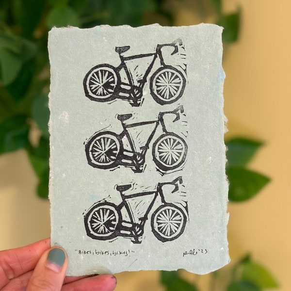 Bikes, bikes, bikes! | 4.5x6 in | Original Linocut Print | Hand-carved and Hand-printed | Bike Art | Gift for Bike Lover