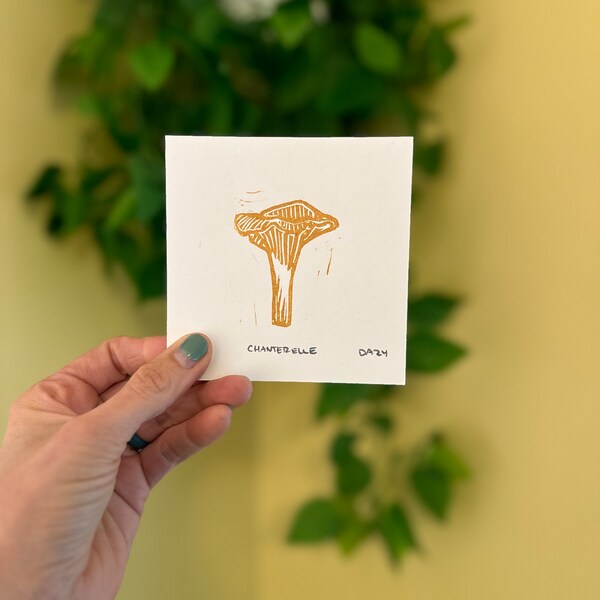 Chanterelle mushroom | 4x4 in | Original Linocut Print | Hand-carved and Hand-printed | Nature Art | Mushroom wall print