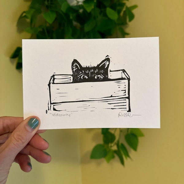 Cat in a Box | 4x6 in | Original Linocut Print | Hand-carved and Hand-printed | Animal Art | Gift for cat lover