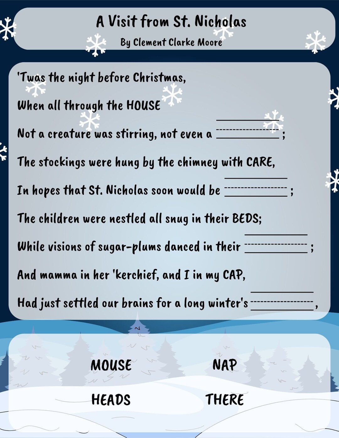 Night Before Christmas Poem, Rhyming Worksheet, Fill in the Blanks