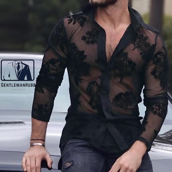 Men's Shirt Lace Lapel Long Sleeve | See-Through Party Shirt