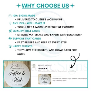 Pu&ograve; includere: Un cartello di benvenuto per matrimonio rotondo in acrilico bianco con testo nero che recita Welcome to the engagement of Justice & Alek 15.10.2022. L'immagine include una recensione del cliente con cinque stelle e testo sull'uso del cartello.