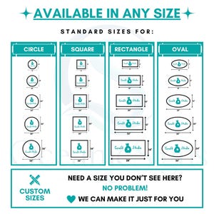 Pu&ograve; includere: Una tabella informativa turchese e bianca intitolata AVAILABLE IN ANY SIZE, che mostra le dimensioni standard in pollici per forme circolari, quadrate, rettangolari e ovali. Ogni forma riporta il testo Craft Studio. Include una sezione per dimensioni personalizzate.
