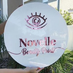 Pu&ograve; includere: Un cartello circolare bianco con un'icona a forma di occhio in oro rosa riflettente nella parte superiore. Sotto l'occhio, il testo recita Novelle in un carattere sans-serif in grassetto, seguito da Beauty Point in corsivo, entrambi in oro rosa.
