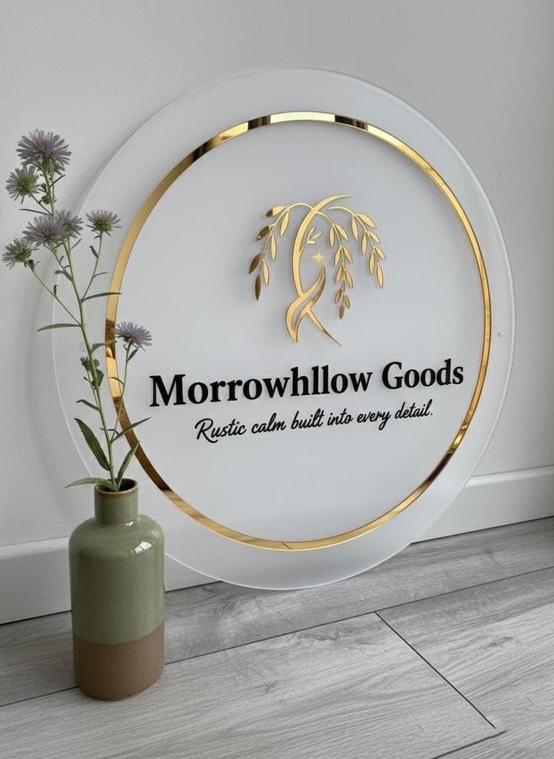 May include: A circular frosted acrylic sign with a gold metallic border. The sign features a gold willow branch logo and the black text "Morrowhllow Goods" followed by the phrase "Rustic calm built into every detail." in a script font.