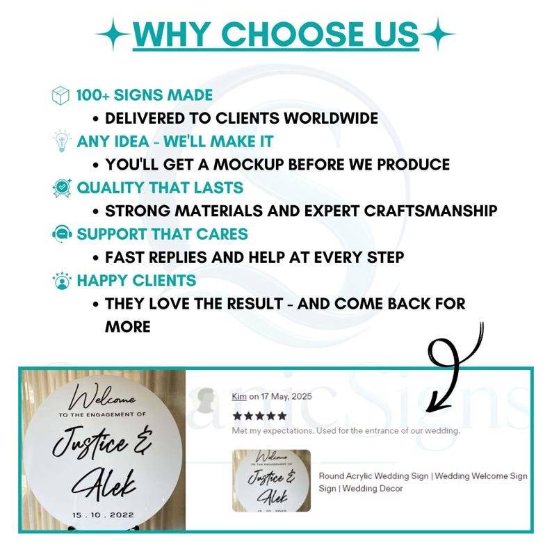 May include: A white circular acrylic wedding welcome sign with black text reading Welcome to the engagement of Justice & Alek 15.10.2022. The image includes a customer review with five stars and text describing the sign as a round acrylic wedding sign.