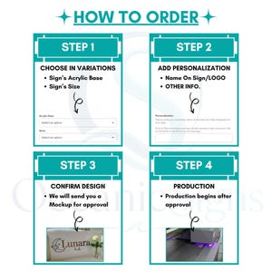 May include: An instructional graphic titled HOW TO ORDER with four steps. Step 1: Choose in variations for acrylic base and size. Step 2: Add personalization for name or logo. Step 3: Confirm design with a mockup. Step 4: Production begins after approval.