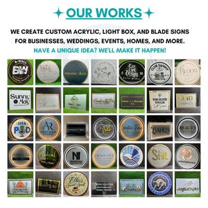 Pu&ograve; includere: Un collage di insegne personalizzate in acrilico, insegne luminose e insegne a bandiera per aziende ed eventi. L'immagine presenta vari design circolari e rettangolari con diversi loghi, tipografie ed elementi di branding.