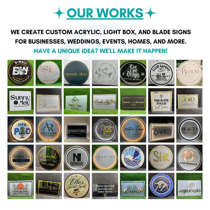 Pu&ograve; includere: Un collage di insegne personalizzate in acrilico, insegne luminose e insegne a bandiera per aziende ed eventi. L'immagine presenta vari design circolari e rettangolari con diversi loghi, tipografie ed elementi di branding.