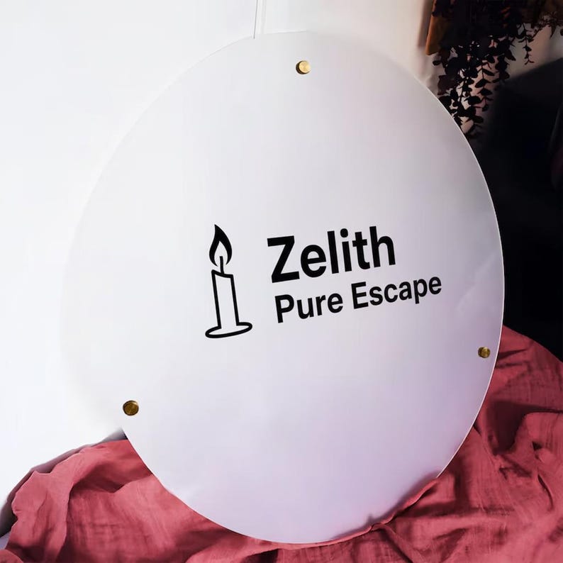 Może przedstawiać: Biały, okrągły znak z czarnym napisem "Zelith Pure Escape" i czarną grafiką świecy. Znak ma trzy złote nity i jest zawieszony na białym sznurku. Idealny dla firmy.