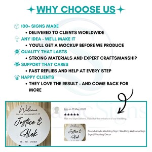 May include: A round white acrylic wedding welcome sign with black text reading Welcome to the engagement of Justice & Alek 15.10.2022. The image includes a customer review with five stars and text about the sign used for a wedding entrance.