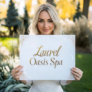 Op de afbeelding: Een wit bord met gouden letters waarop "Laurel Oasis Spa" staat. Het bord wordt vastgehouden door een persoon met blond haar.