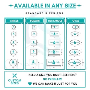 May include: A teal and white informational chart titled AVAILABLE IN ANY SIZE, displaying standard dimensions in inches for circle, square, rectangle, and oval shapes. Each shape includes a Craft Studio logo and specific width and height measurements.