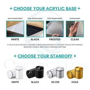May include: A product selection guide featuring four acrylic base options: white, black, frosted, and clear. Below, four metal standoff hardware choices are displayed in white, black, silver, and gold finishes with text labels for each.