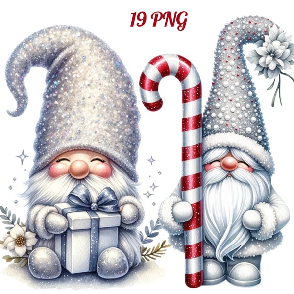 Watercolor White Christmas Gnomes clipart, Gnome winter Clipart PNG, christmas graphics, festive clipart, winter holidays, silver christmas