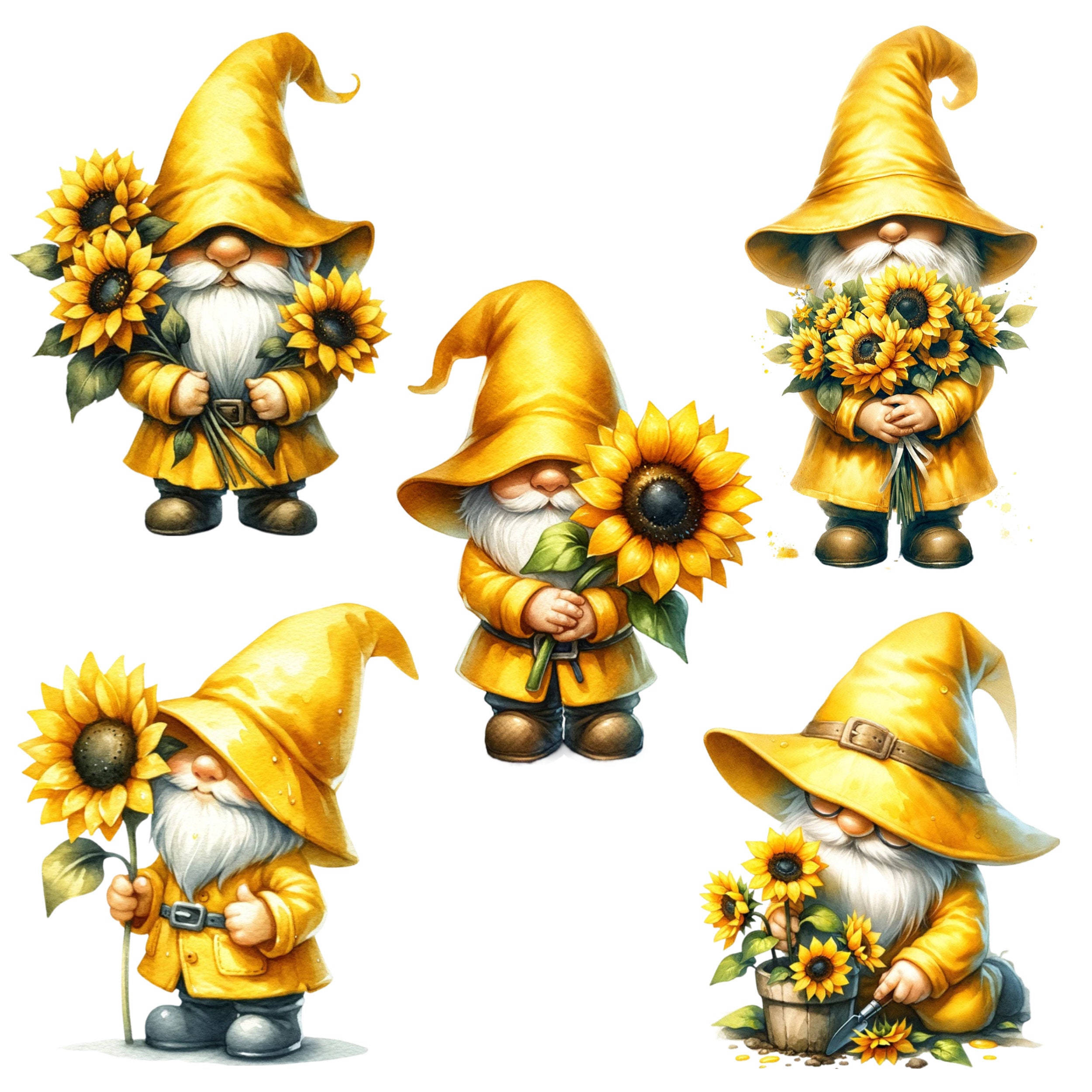 Sunflower Gnome Clipart, Garden Gnome Cute Watercolor Clipart, Spring Gnome, Gnome Summer