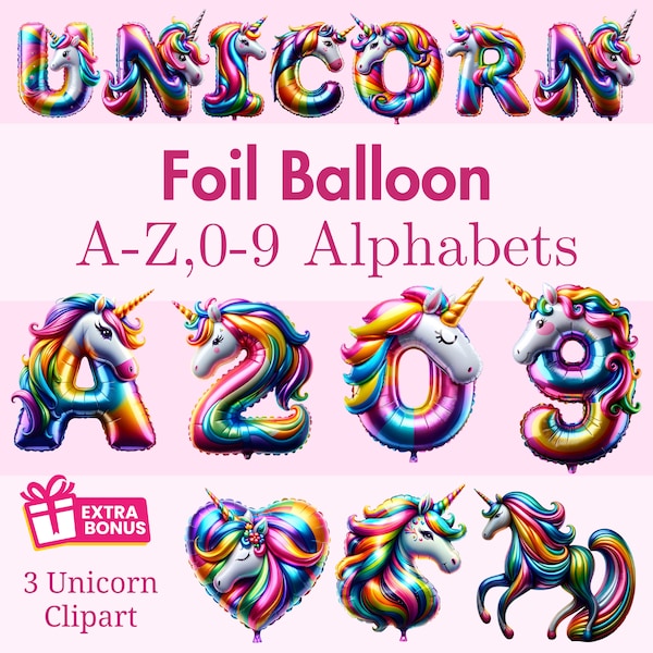 Unicorn Foil Balloon Alphabet Clip Art, Unicorn Alphabet A-Z number 0-9 PNG, Unicorn PNG Letter, Unicorn Font, 3D PNG, Digital Download