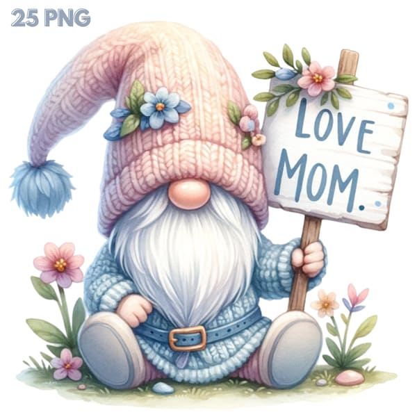 Watercolor Mother's Day Gnome Clipart Png, Mom PNG, Mother's Day Clipart, Mother's Day PNG, Happy Spring Png, Gnomes Png