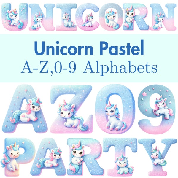 Unicorn Pastel Alphabet Clip Art, Unicorn Alphabet A-Z number 0-9 PNG, Unicorn PNG Letter, Unicorn Font, 3D PNG, Digital Download