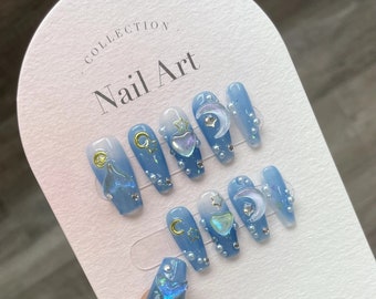 Moonlight Ocean Press On Nails | Mermaid Ice Nails | Starlight Glitter Nails | Handmade 3D Nail Art