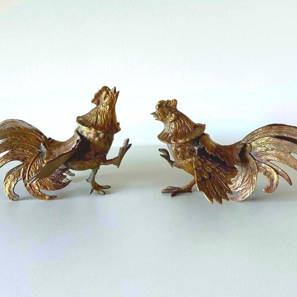 Rooster Figurines | Pair of Solid Brass Mid-century Cockerels | Intricately Detailed | Hand Crafted