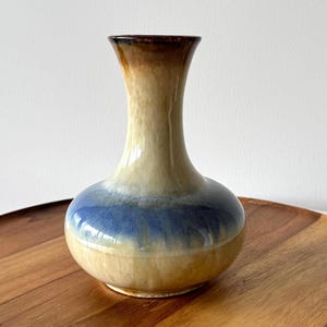 Ovoid Vase with Flared Neck | Studio Pottery | Vintage Circa 1980s | Ochre Rim with Sky Blue Band | Creamy Beige Base Glaze
