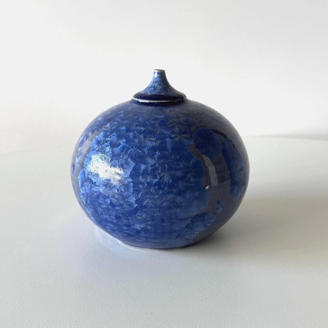 Crystalline Glazed Studio Pottery Vase | Blue Spherical Vessel ...