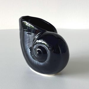 Mini Nautilus Shell-Shaped Ceramic Jardiniere | Vase | Succulent Planter | Vintage 1980s | Glossy Black Glaze