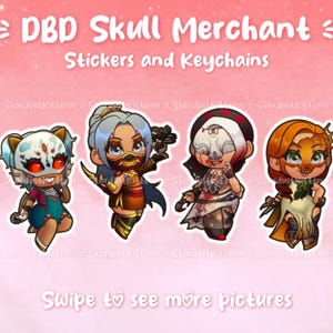 Könnte beinhalten: Werbung für DBD Skull Merchant Aufkleber und Schlüsselanhänger. Das Bild zeigt vier Charaktere im Chibi-Stil mit Masken und Kostümen. Der Text "Swipe to see more pictures" steht unten.
