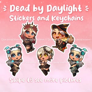 May include: A pink background with the text "Dead by Daylight Stickers and Keychains." The image features five cartoon character stickers with various designs. The text "Swipe to see more pictures" is at the bottom.